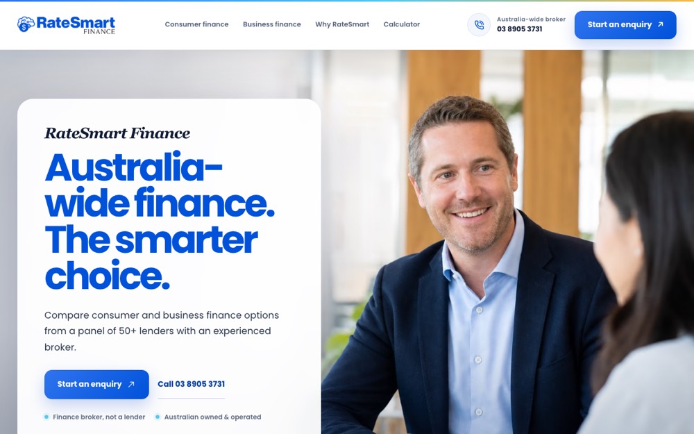 The RateSmart Finance website — a finance broker site with a quote enquiry form and repayment calculator.